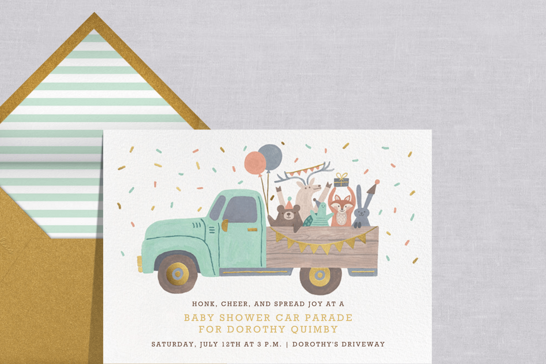 A baby shower invitation shows a pickup truck escorting forest animals in party gear.
