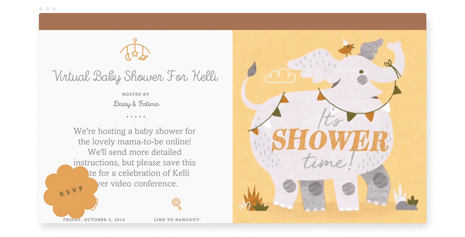 An online baby shower invitation with an animated gif of a cartoon elephant draped in festive bunting. 