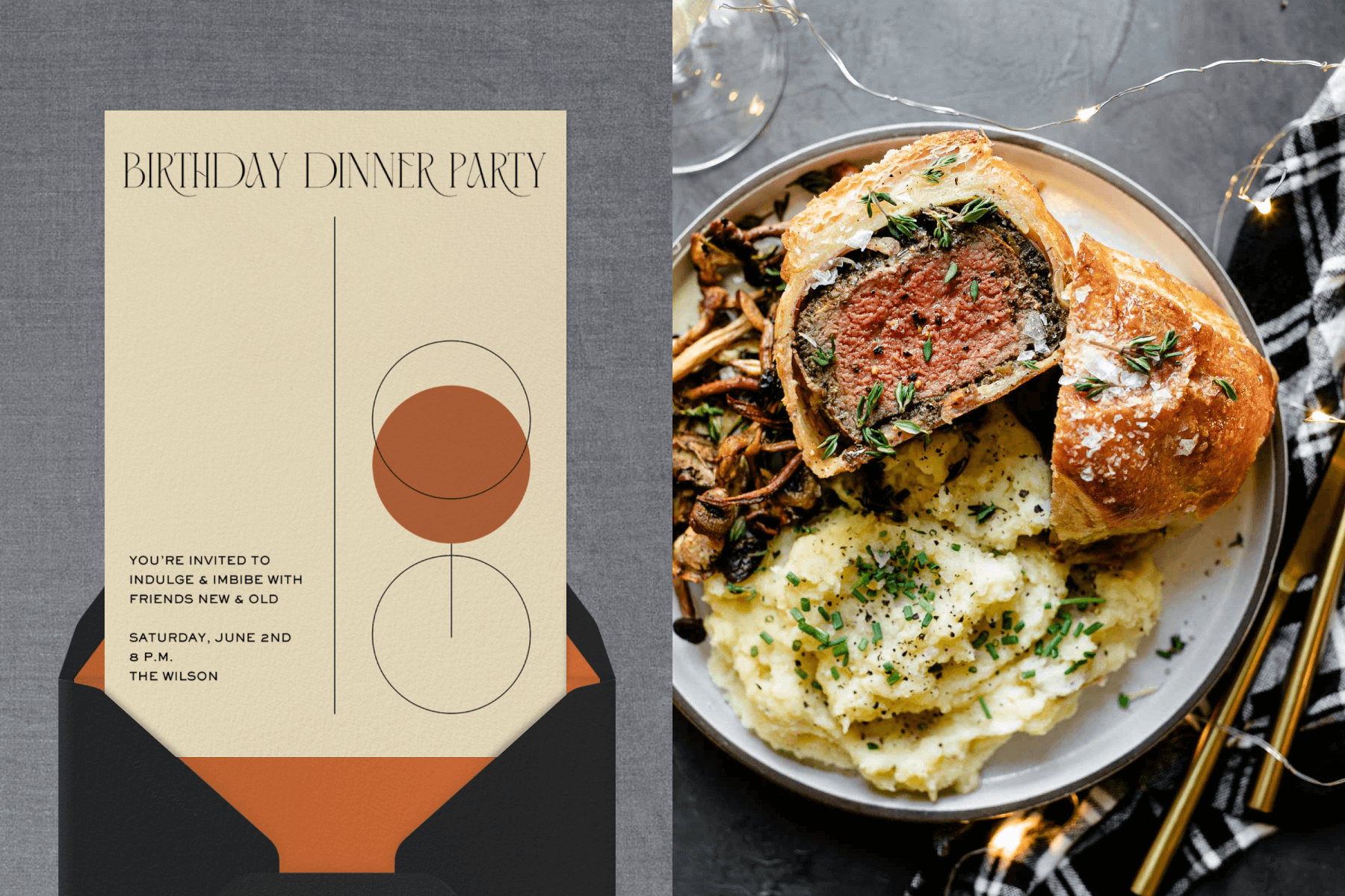 left: An off-white invitation with a minimalist drawing of a wine glass, constructed of circles and lines, on the right. Right: A dish with beef Wellington and mashed potatoes with twinkle lights around it.