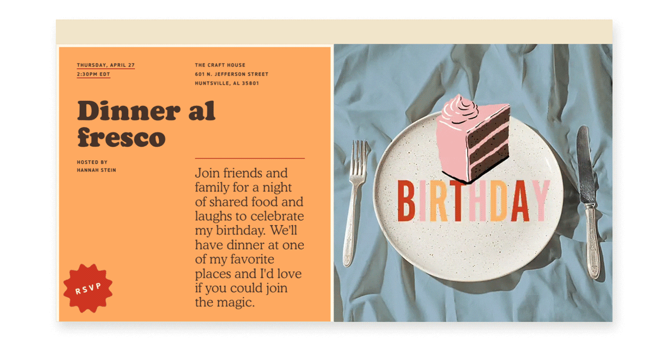 An online invite with a photo of a plate flanked by a fork and knife on a light blue cloth and an illustration of the words “Birthday bites.”