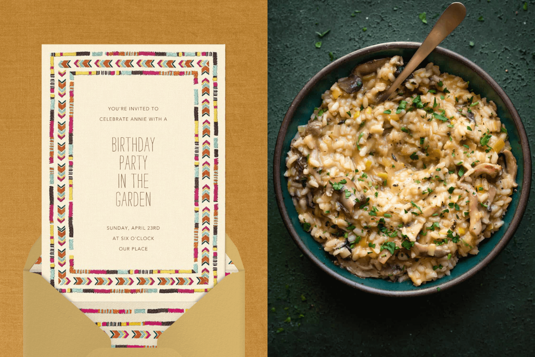 Left: A birthday party invitation with colorful chevron stripes around the border that appear to be embroidered on. Right: A bowl of mushroom risotto.