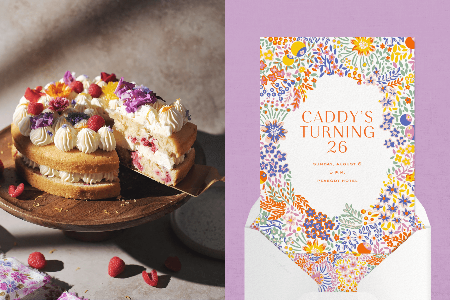 Left: A lemon raspberry tiered cake with fanciful frosting and edible flowers on a wood cake stand. Right: A birthday invitation with bright and colorful flower doodles forming a wide border around the center.