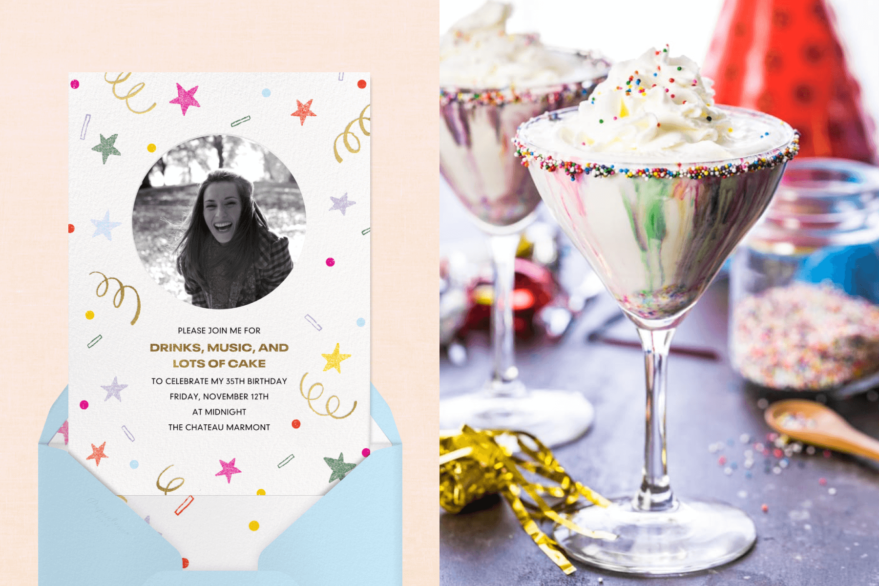 left: A birthday invitation with a black and white photo of a woman in a circle, surrounded by colorful doodles of stars and squiggles. Right: A birthday cake martini in a stemmed glass with sprinkles on the rim and whipped cream on top.