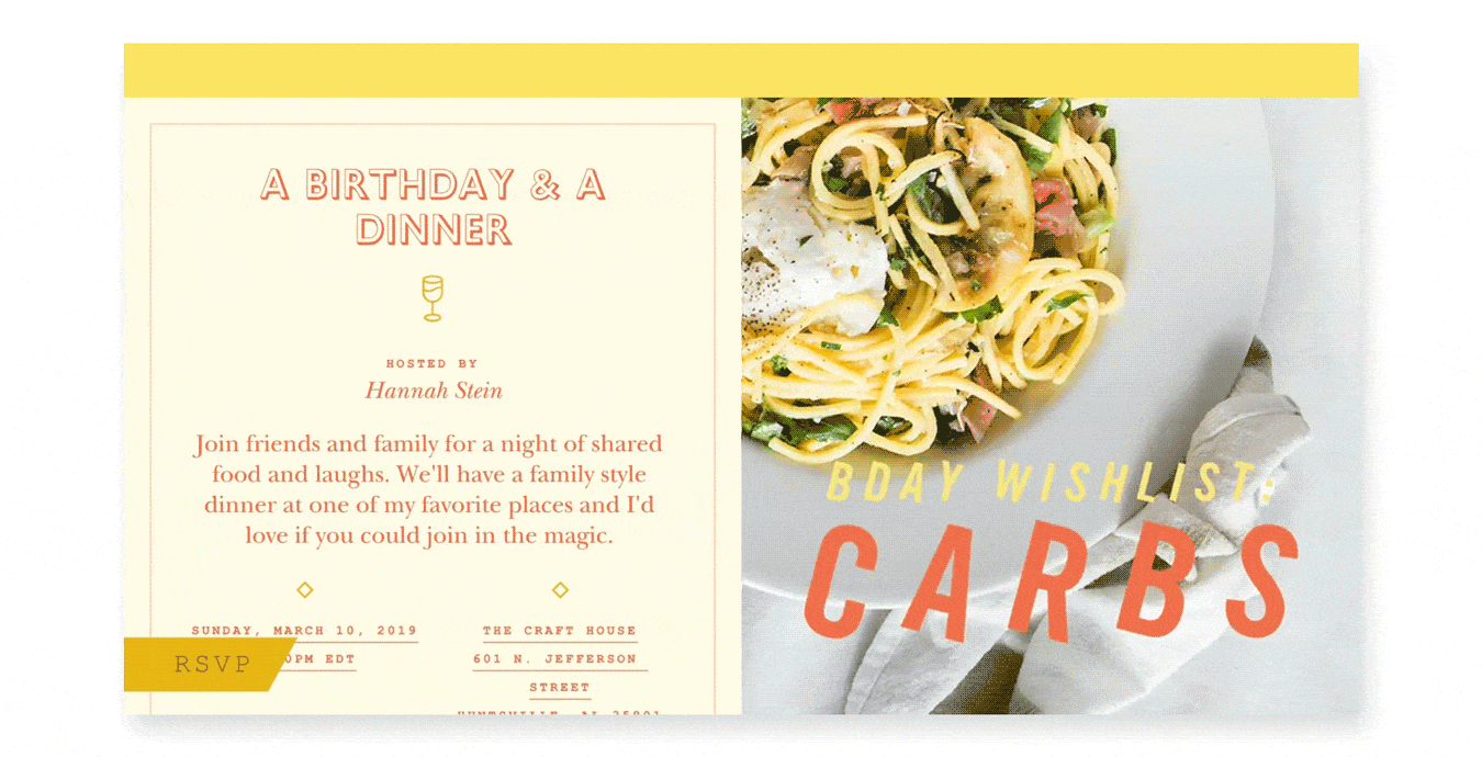 An online invite with a bowl of spaghetti and the words “BDAY WISHLIST: CARBS.”