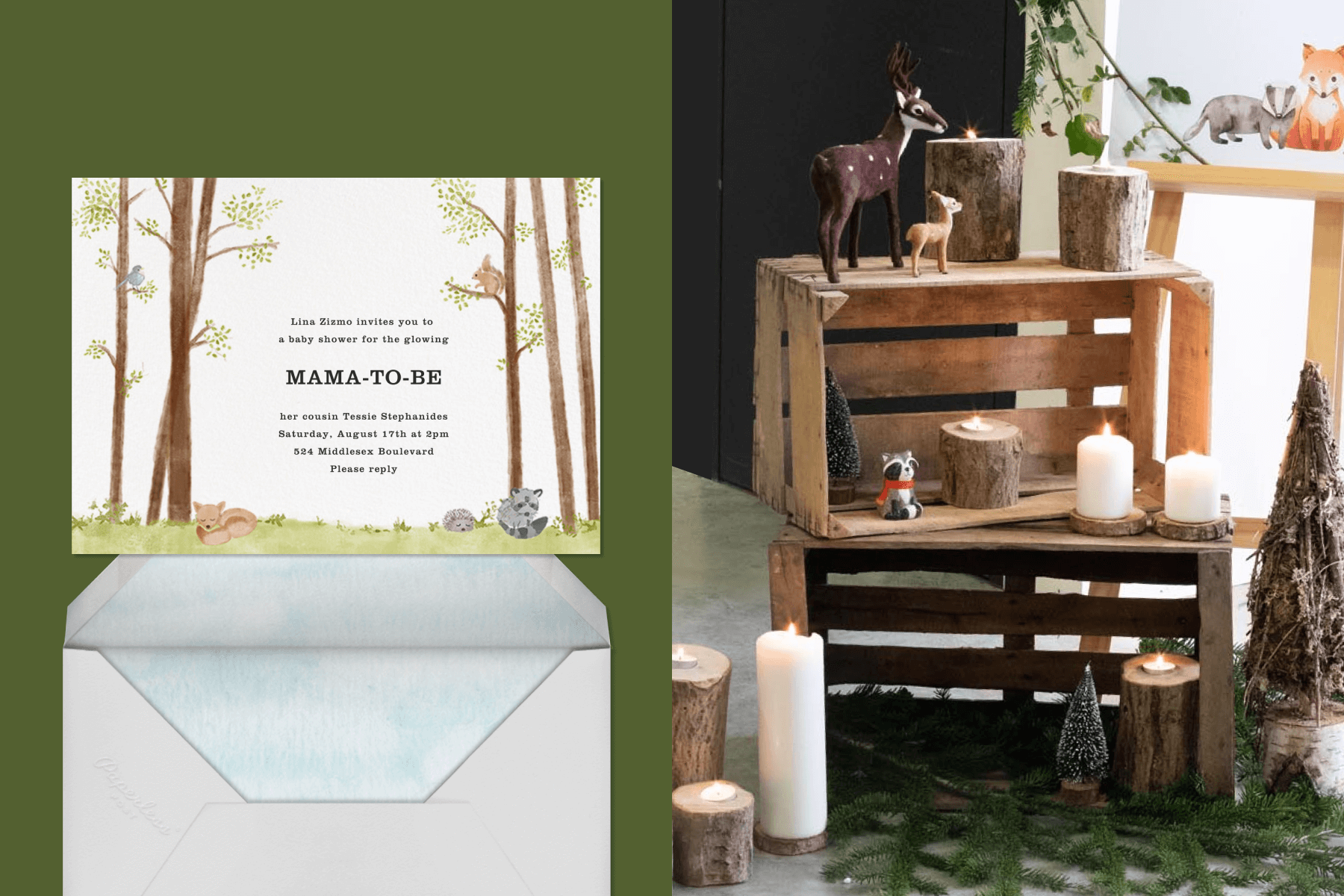 left: A baby shower invitation with trees and baby animals. Right: A collection of pillar candles and miniature forest animals on rustic wood crates.