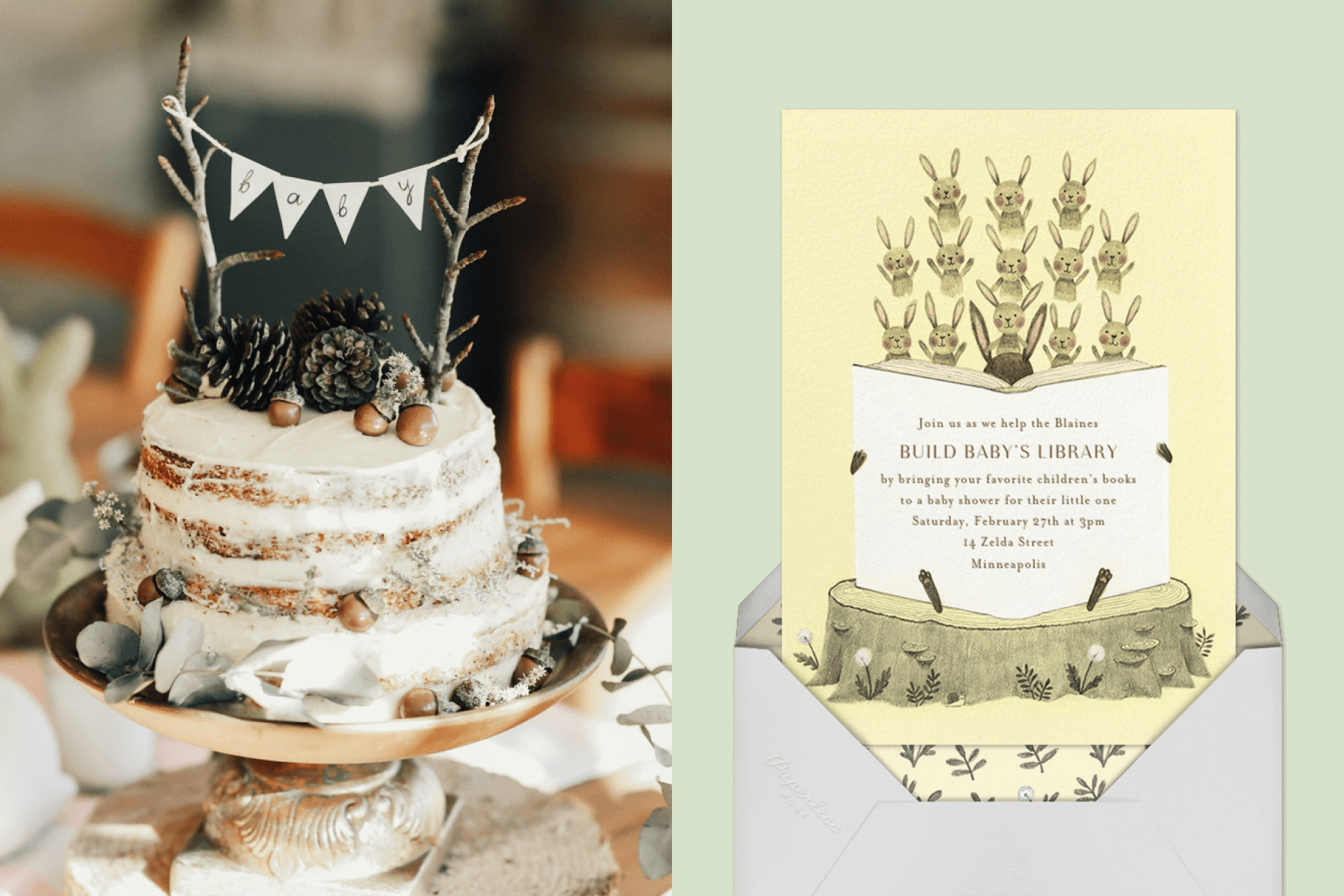 left: A woodsy cake topped with pinecones and acorns. Right: A baby shower invitation with small bunnies reading a book.