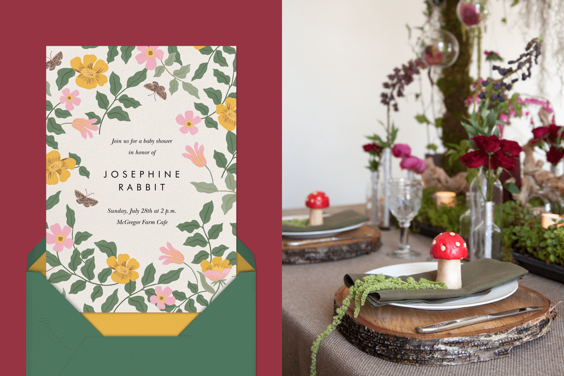 left: A floral baby shower invitation with butterflies. Right: Place settings with tree stump chargers and mushroom decor.