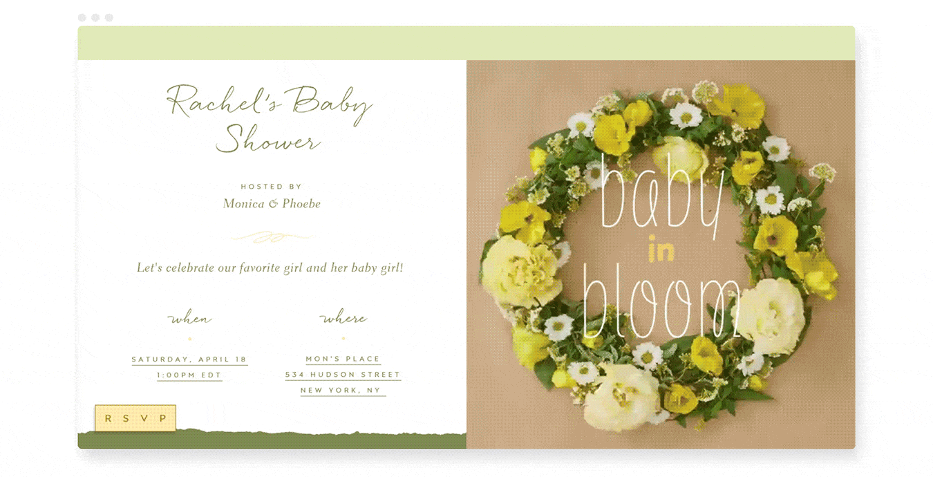 An online baby shower invite with a Gif of a blooming wreath of yellow flowers.