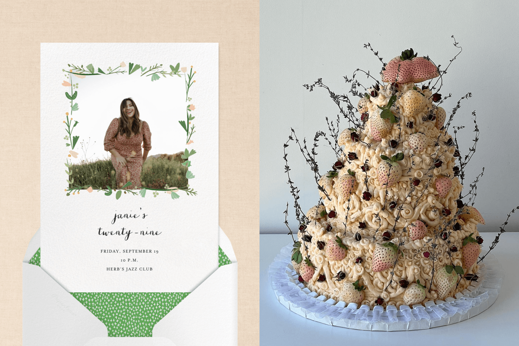 A white birthday invitation has a photo of a woman in a field with a delicately drawn flower border, and an envelope with a green liner dotted with white stars. Right: An ornate beige-colored tiered cake covered in pale strawberries with thin, leaved stems sticking out vertically.