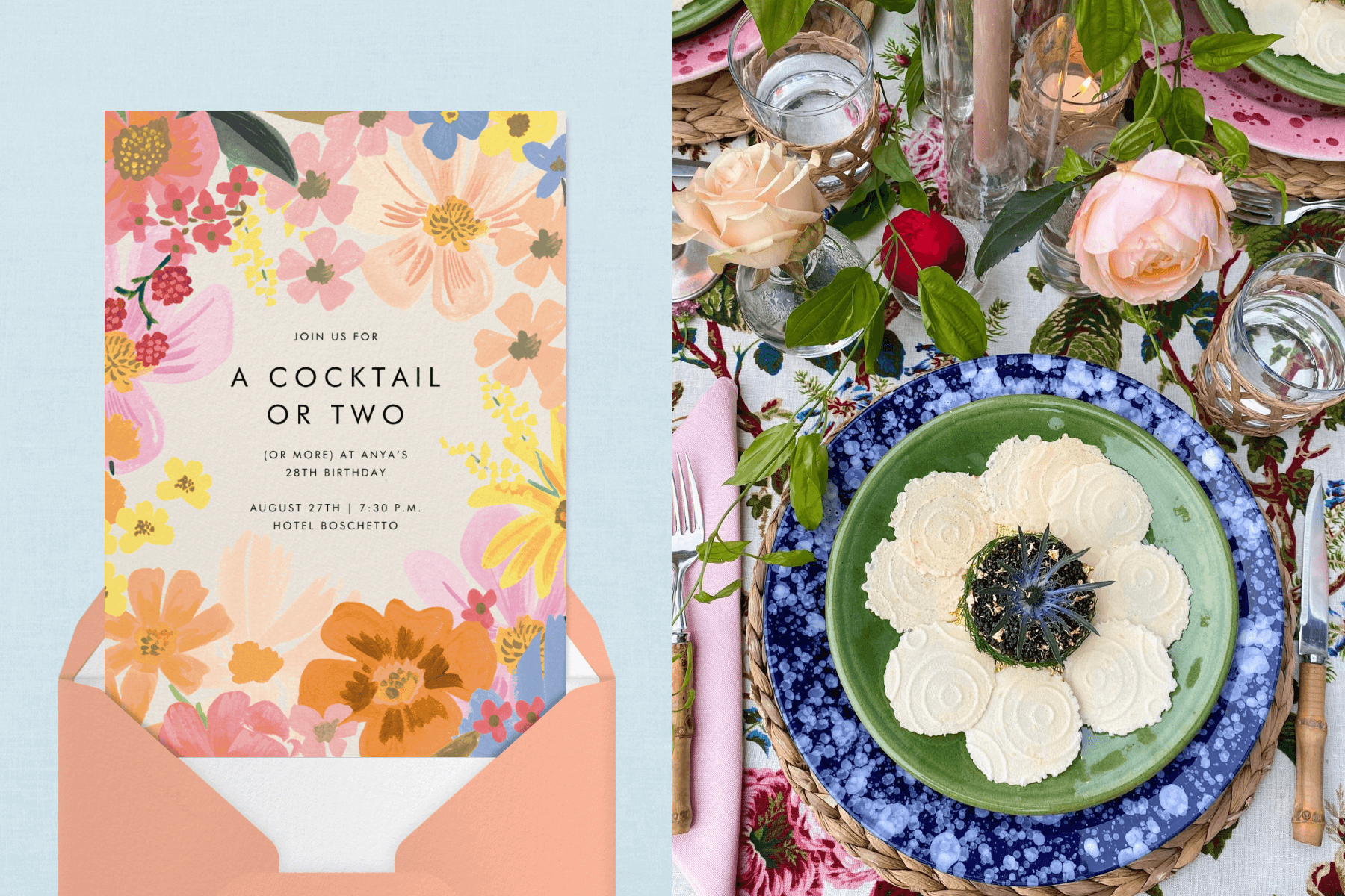 Left: A cocktail party invitation with large, colorful illustrated flowers around the border and a peach envelope. Right: A green dinner plate on a blue marbled charger holds white wafers and dip in the center, surrounded by roses, vines, and glasses of water.