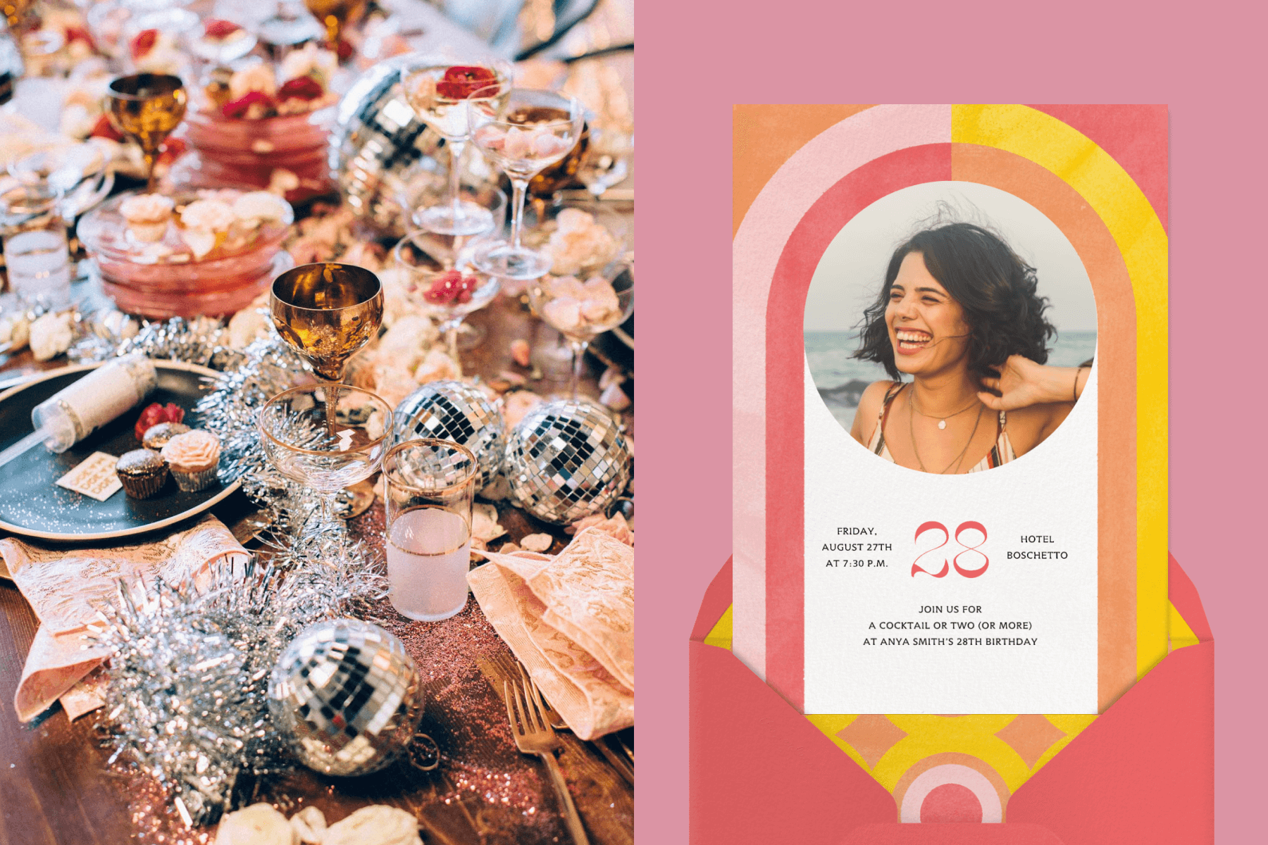 Left: A very full tabletop with silver tinsel, small disco balls, glitter, and gold and glass goblets. Right: A birthday invitation with a circular photo of a woman laughing and yellow, pink, and orange color block arch above it.
