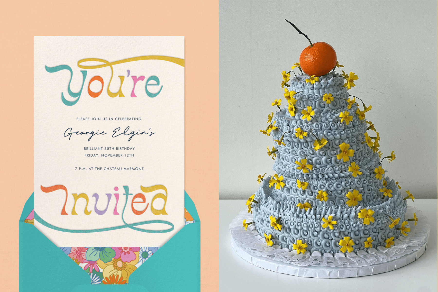 Left: A birthday invitation with the words “You’re Invited”in rainbow script on top and bottom and an aqua envelope with pop art floral liner. Right: An imperfect, blue-frosted tiered cake with small yellow flowers poking out all over and a clementine on top.