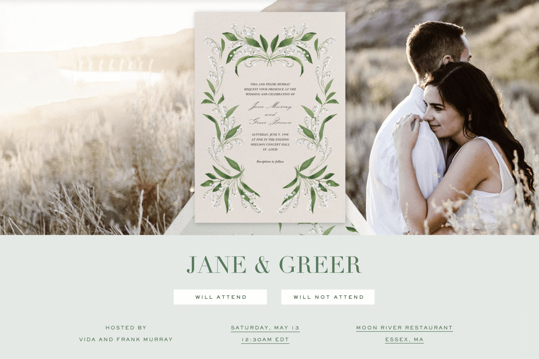 A screenshot of a website shows a wedding invitation with a border of lilies of the valley against a backdrop of a man and woman embracing in a coastal scene. Below are the names Jane & Greer with RSVP buttons and wedding location details.