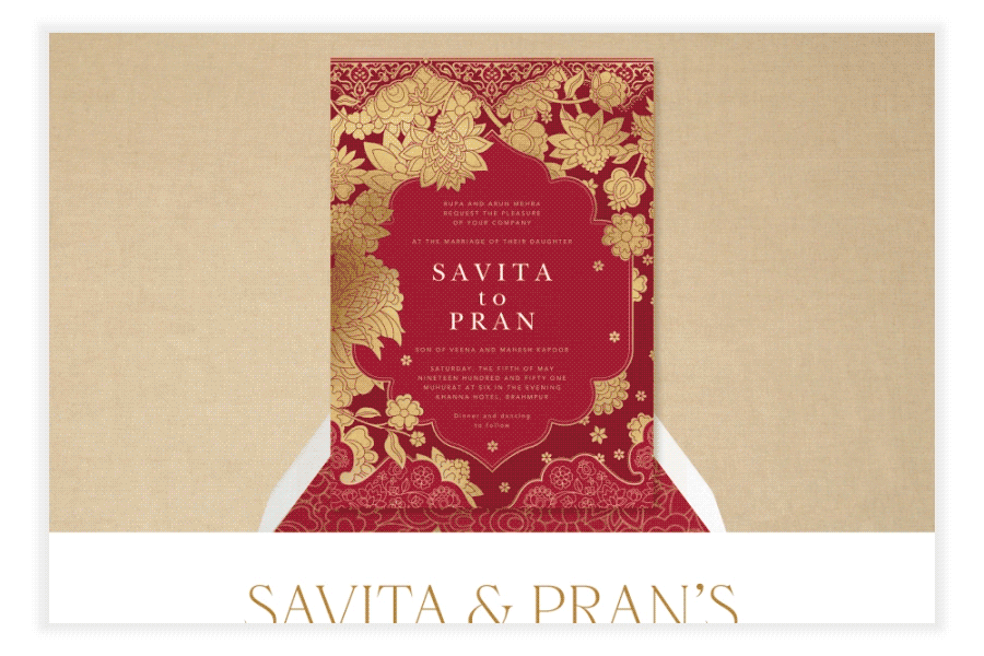 A gif shows a red wedding invitation with intricate Indian-style gold linework, then scrolls below to show the details of “Savita & Pran’s Wedding.”