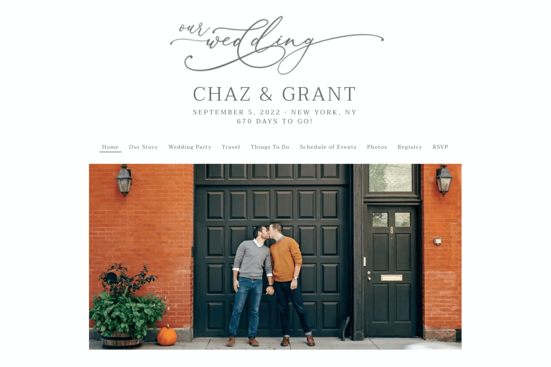 A screenshot of a wedding website shows a photo of two men kissing in front of a brick building and black garage door below the words “Our Wedding” followed by “Chaz & Grant.”