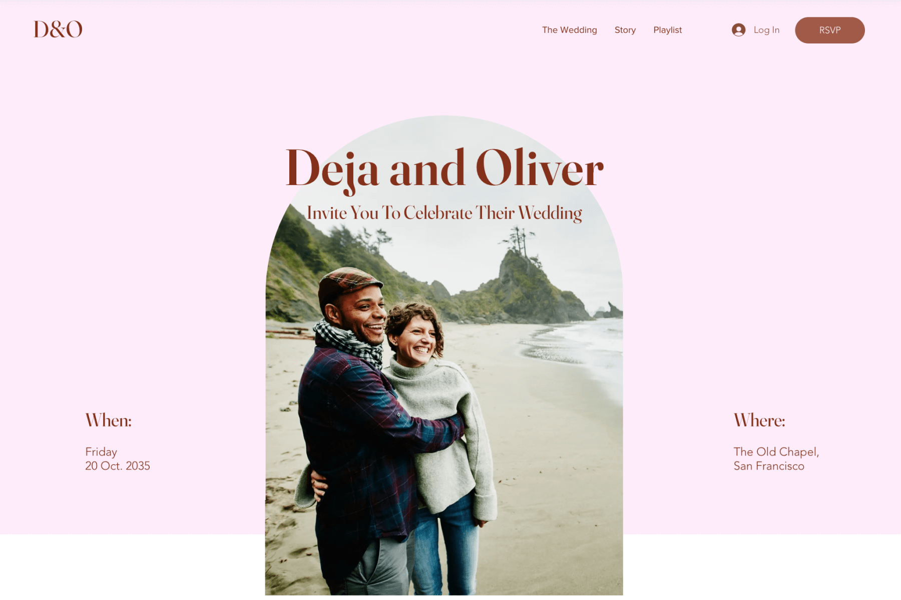 A screenshot of a wedding website shows a man and woman embracing on a beach in an arch-shaped photo, surrounded by a pink backdrop and the names “Deja and Oliver.”