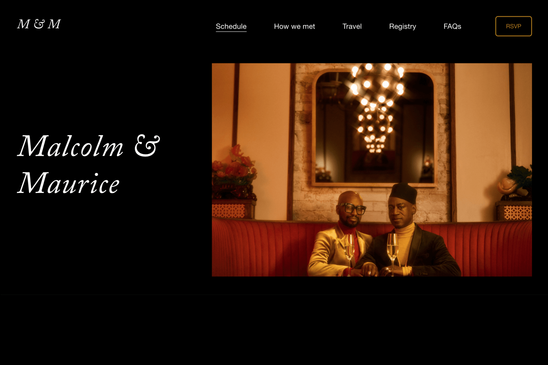 A screenshot of a wedding website shows a photo of two men sitting at a red booth bench, with a black backdrop and the names “Malcolm & Maurice.”