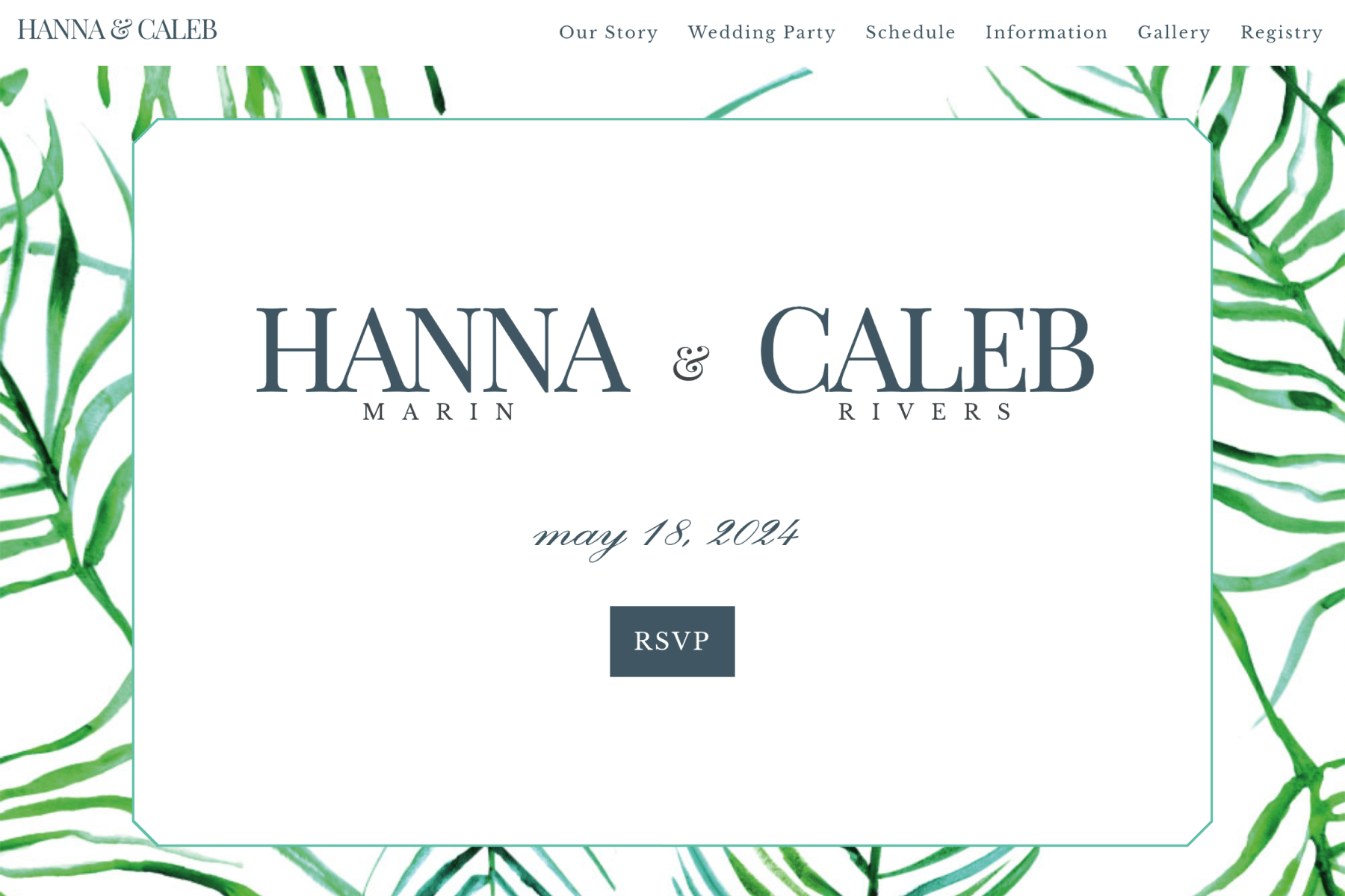 A screenshot of a wedding website shows a border of thin watercolor leaves surrounding the names Hanna Marin & Caleb Rivers” plus an RSVP button.