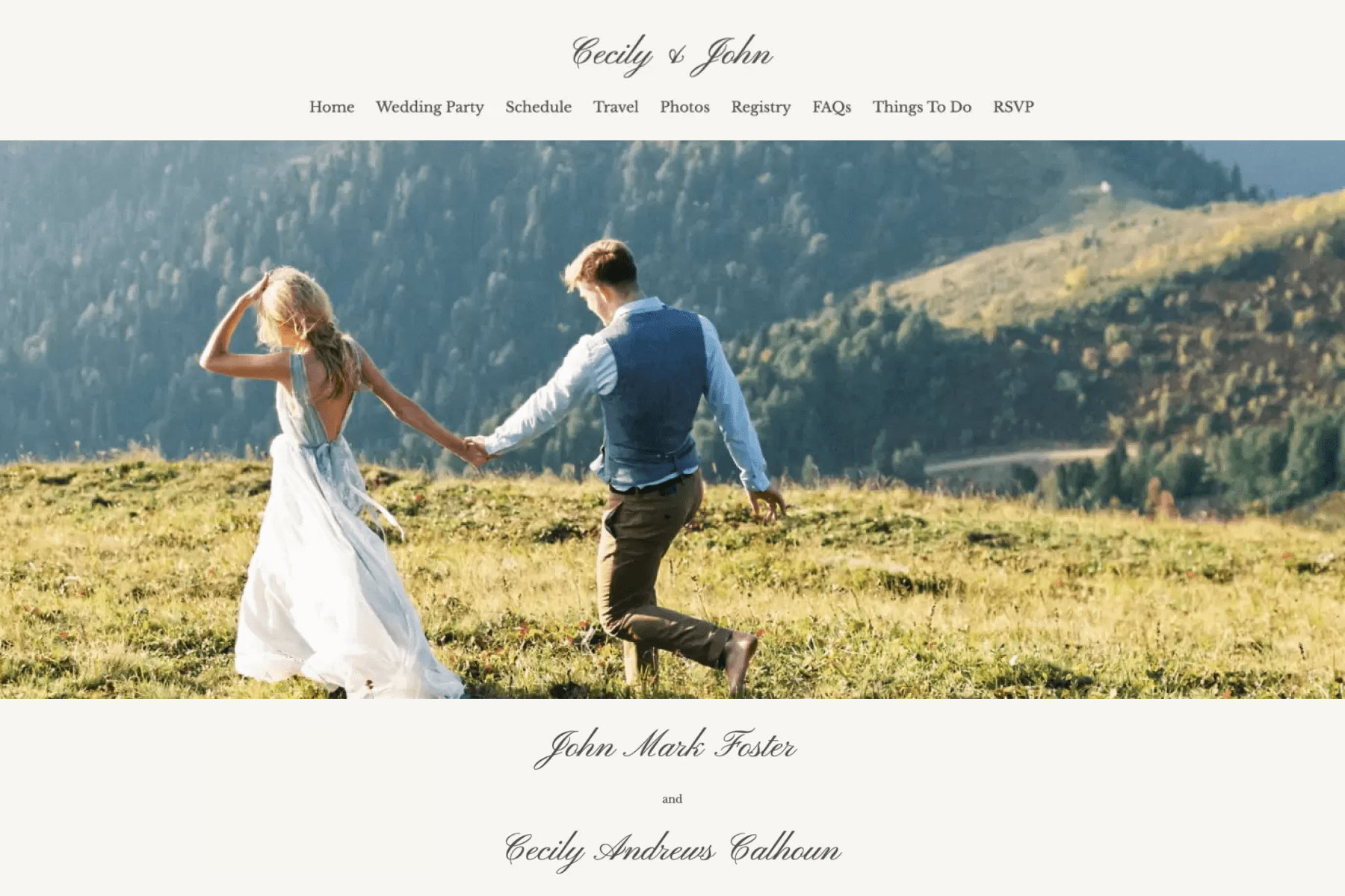 A screenshot of a wedding website shows a photo of a couple in wedding attire walking away from the camera on a green hill with the names “John Mark Foster” and “Cecily Andrews Calhoun.”