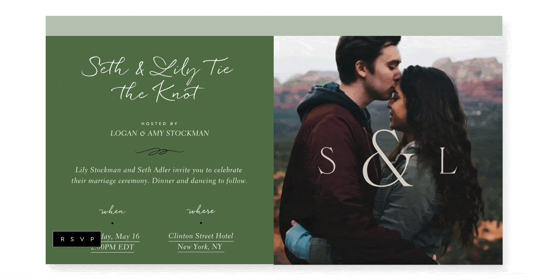 An online invite is green on the left with the words “Seth & Lily Tie the Knot” in white script, and on the right has a photo of a man and woman embracing in the Southwest with the letters “S & L” fading in and out.