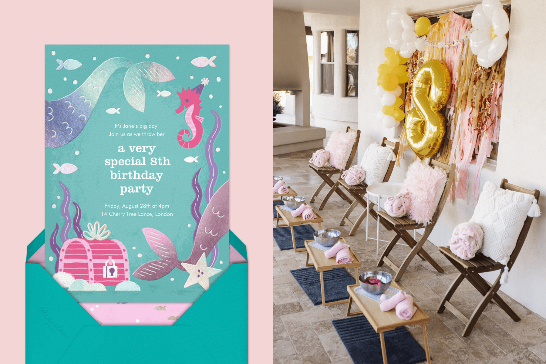 left: Birthday invitation with mermaid tails and seahorse illustrations. Right: Pedicure stations set up at someone’s home.