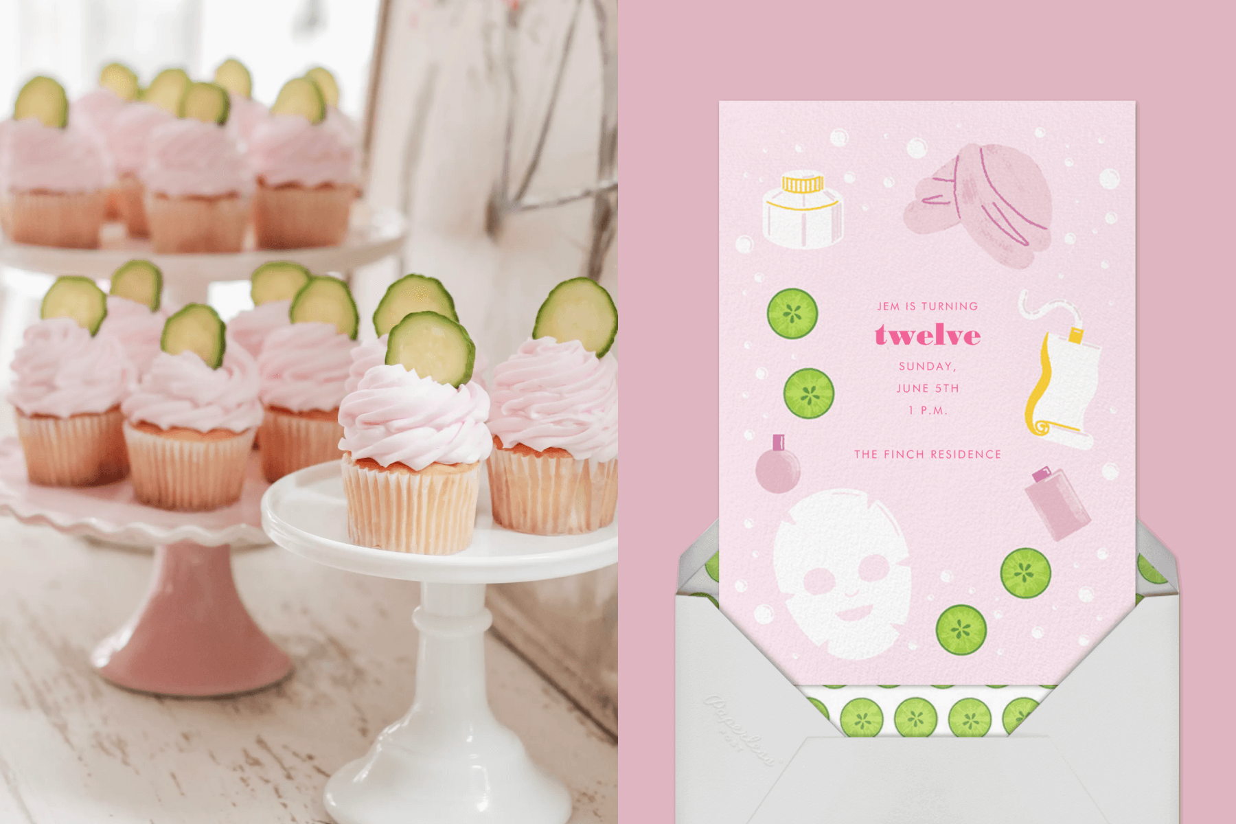 left: Cupcakes with pink frosting and cucumber slice garnishes. Right: Pink birthday invitation with spa items like sheet masks, cucumber slices, and a hair wrap.