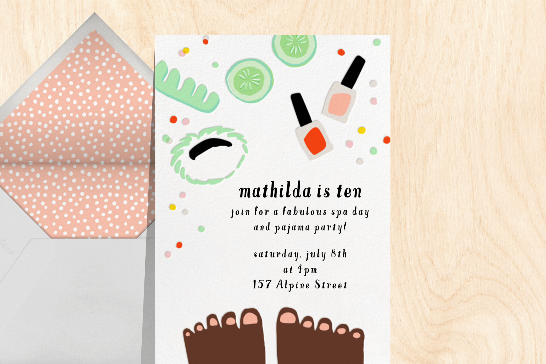 A birthday invitation featuring pampering products and painted toenails.