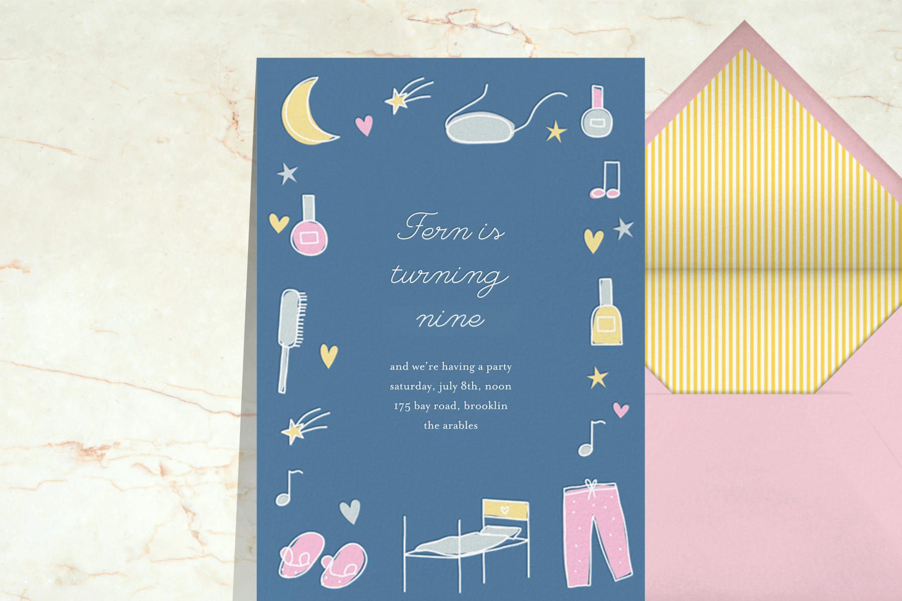 A blue slumber party invitation with illustrations of pampering products, pjs, and a bed.