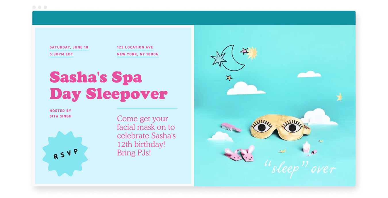 Online birthday invitation with a gif of an animated sleep mask with illustrated blinking eyes.
