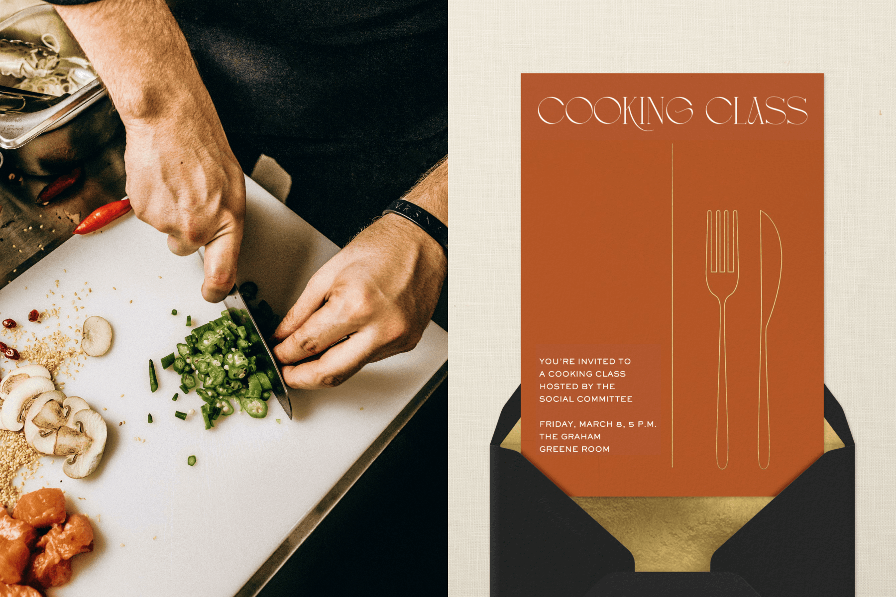 Left: Overhead view of hands chopping a jalapeno; Right: An orange cooking class invitation.
