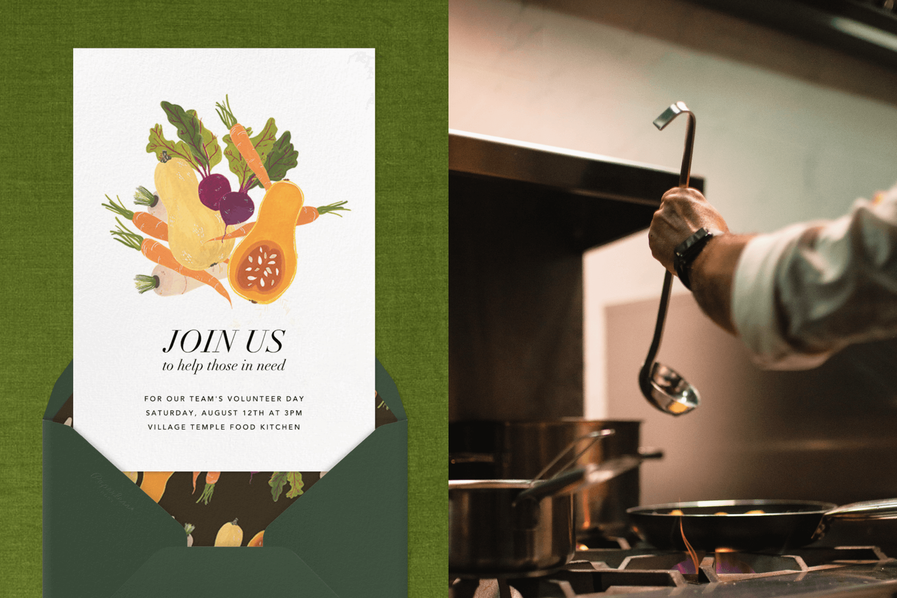 Left: A volunteer invitation with an illustration of fall vegetables; Right: A hand holding a ladle over a pan on a stove.