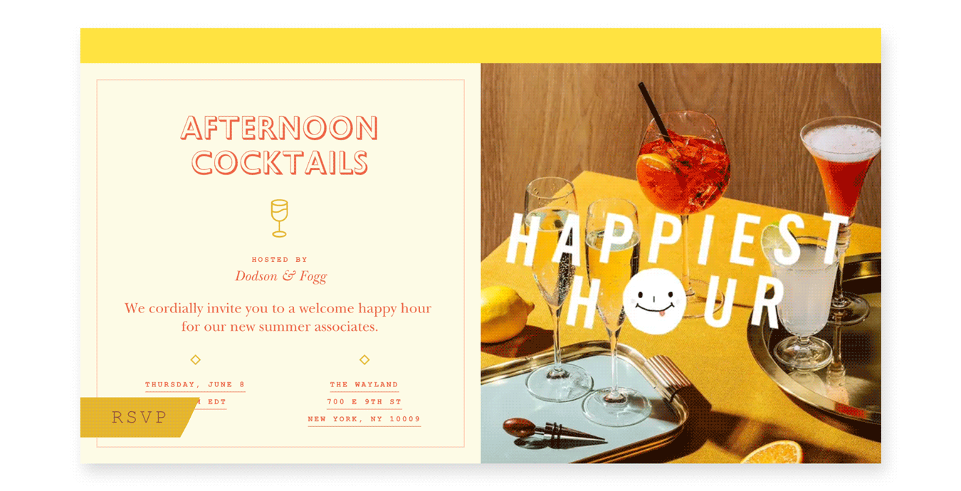 An animated happy hour invite with the phrase “Happiest Hour.”