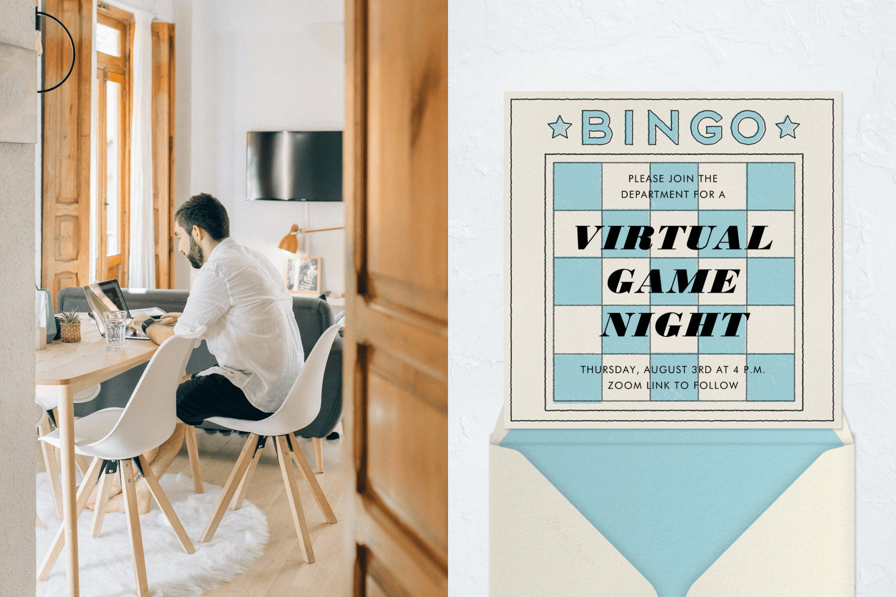 Left: A side view of a man working in his home at a table; Right: A virtual game night invitation that looks like a bingo card.