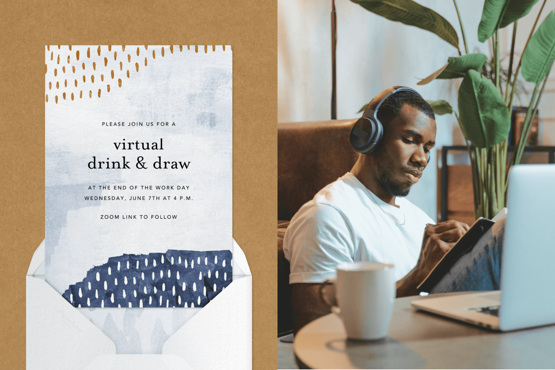 Left: A drink & draw invitation; Right: A man sitting at a table drawing on a pad of paper in front of his laptop.