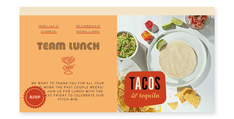 An animated invite for a taco-themed team lunch.