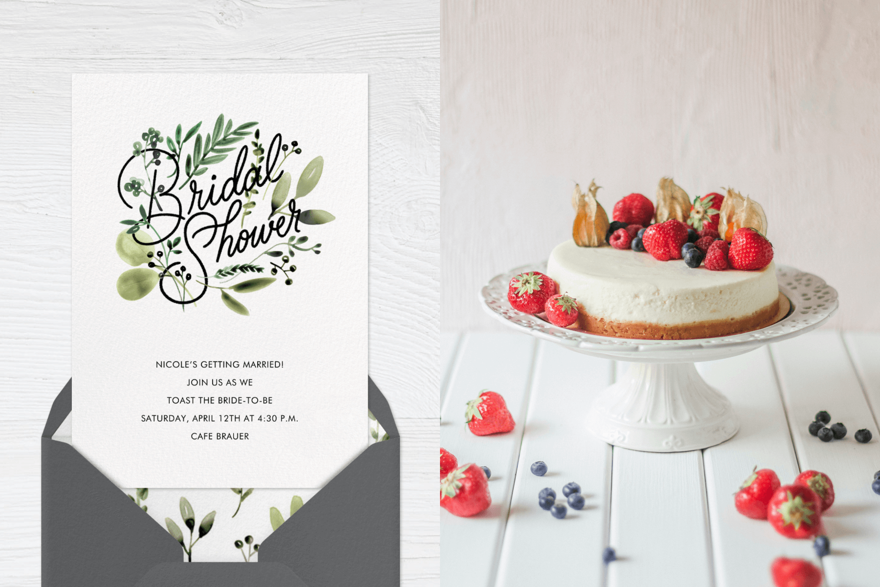 Left: A white bridal shower invitation with illustrated green leaves. Right: A small cake with berries on a cake stand.