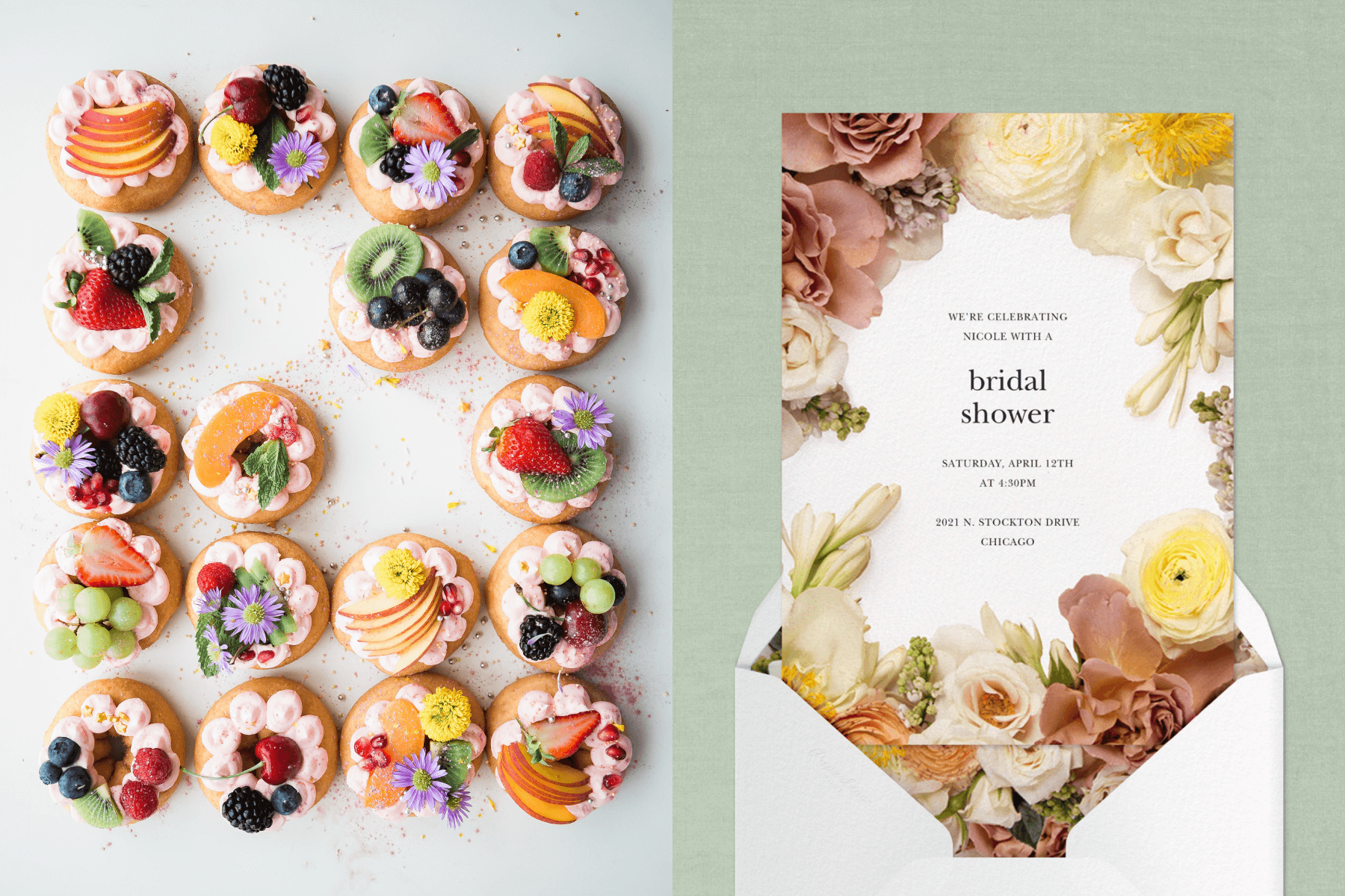 Left: Dessert doughnuts decorated with cream, fruit, and flowers. Right: A bridal shower invitation with a border of large photographed flowers.