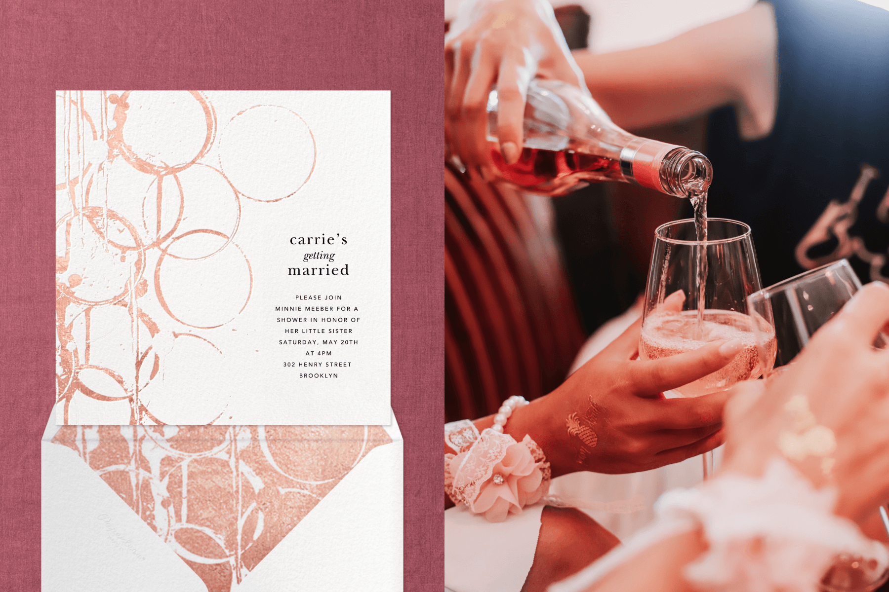Left: A bridal shower invitation with abstract ring shapes. Right: Rosé wine is poured into a wine glass.
