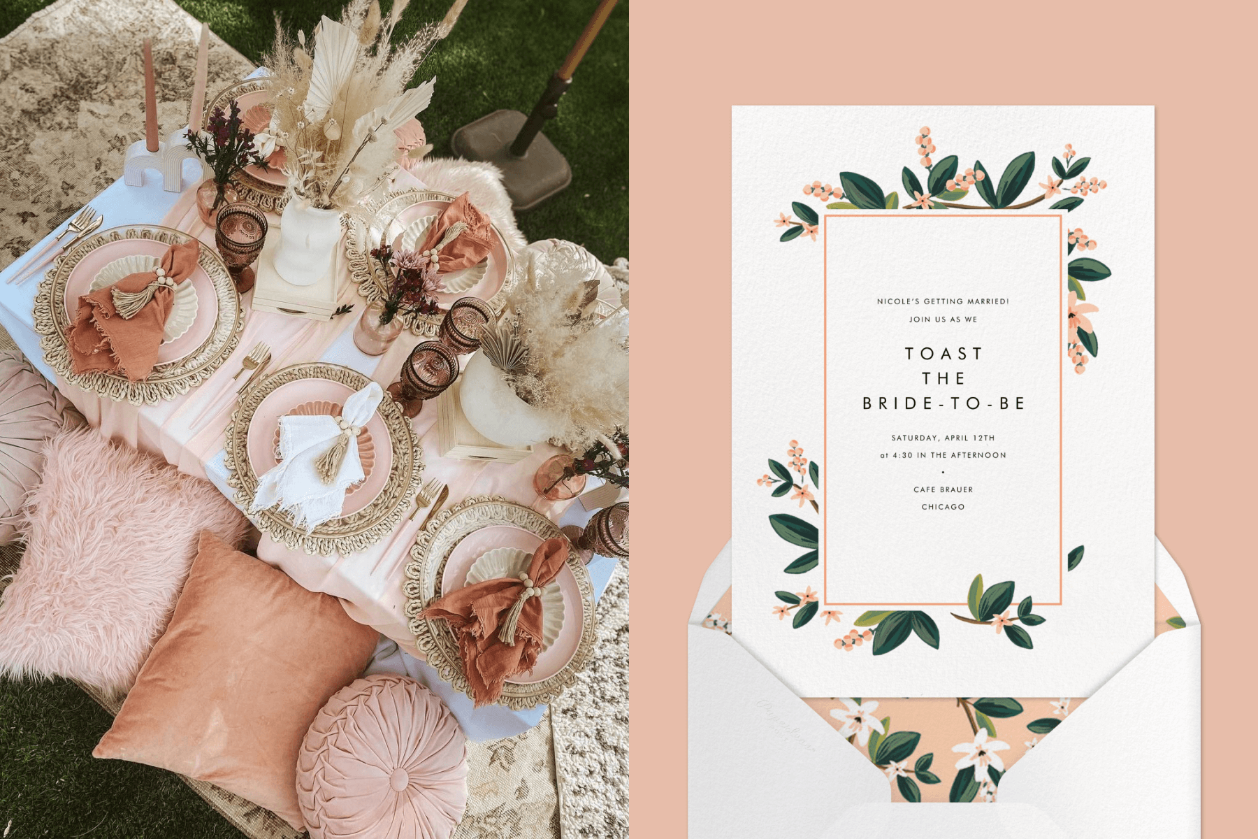 Left: A boho-style picnic for six with a blush pink palette. Right: A bridal shower invitation with a thin border of illustrated small pink flowers and green leaves.