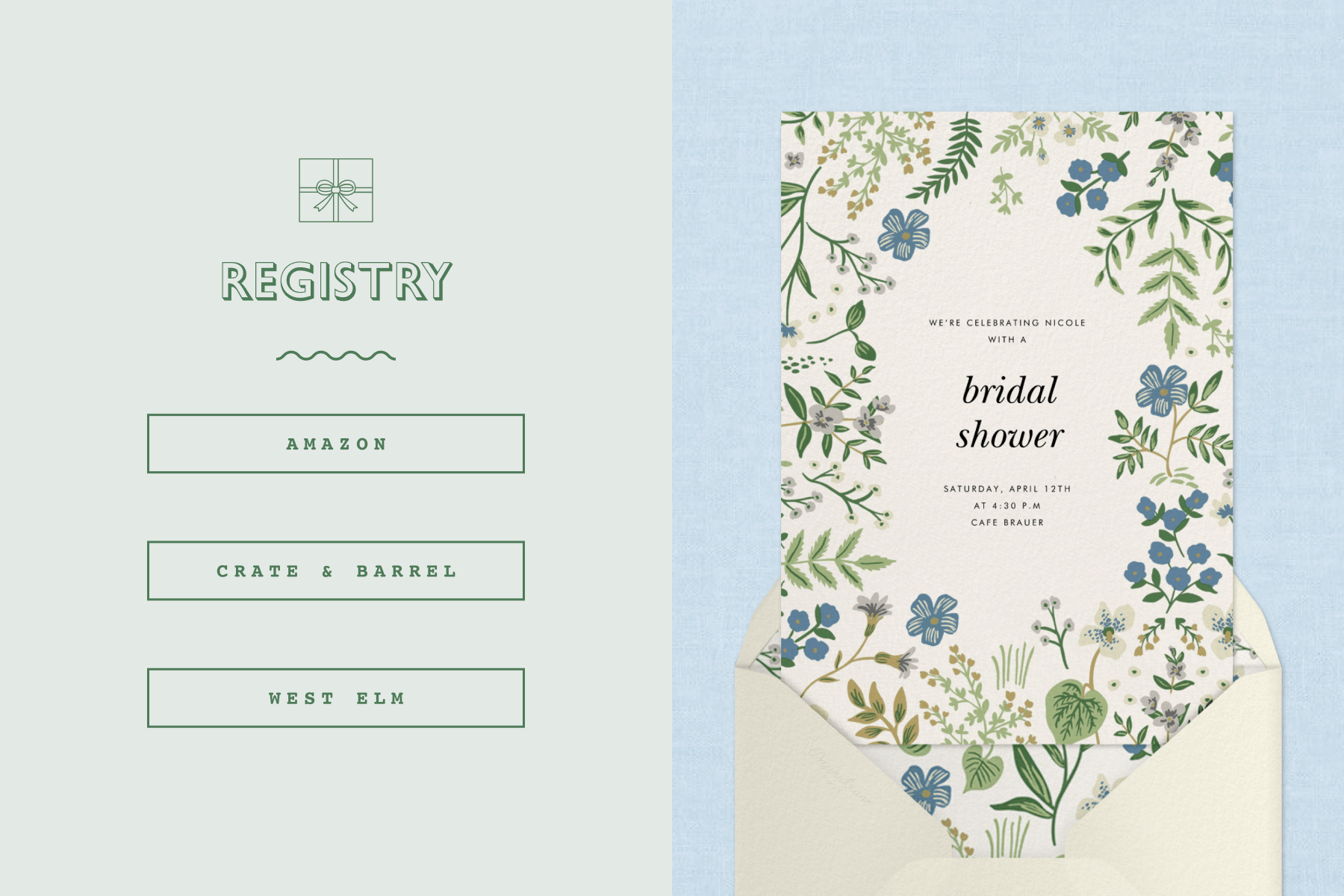 Left: A Registry Block showing three clickable links to registries; Right: A blue floral bridal shower invitations.