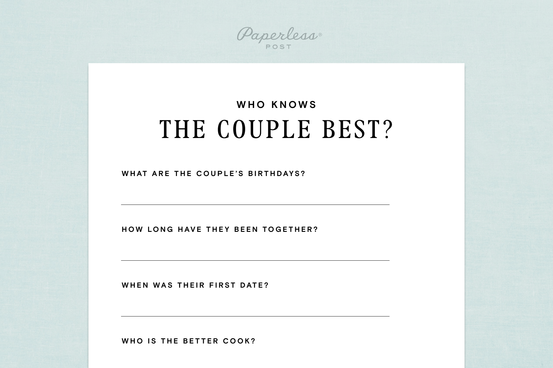 The top half of a sheet of paper with the phrase “Who knows the couple best?” on top and personal trivia questions below.