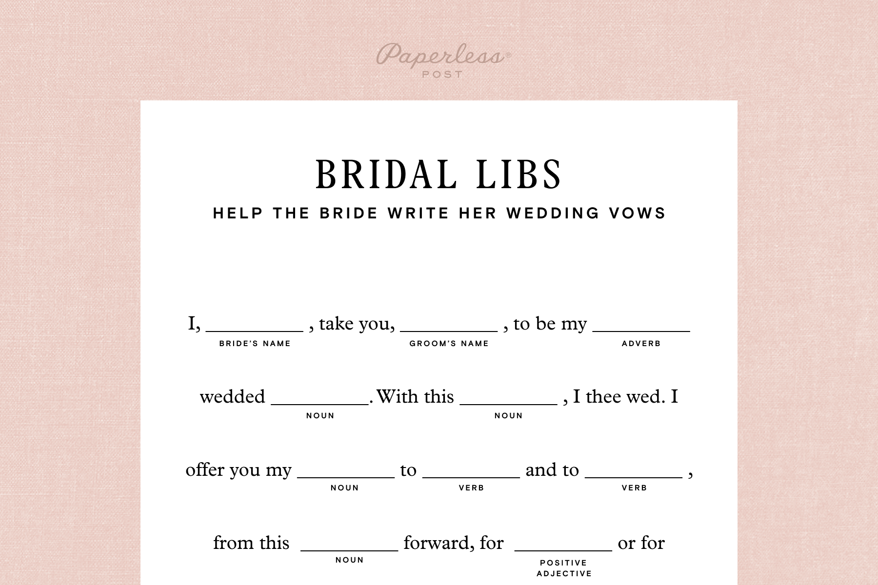 The top half of a sheet of paper with the phrase “Bridal Libs - Help the bride write her wedding vows” on top and a fill-in-the-blank vow template below.