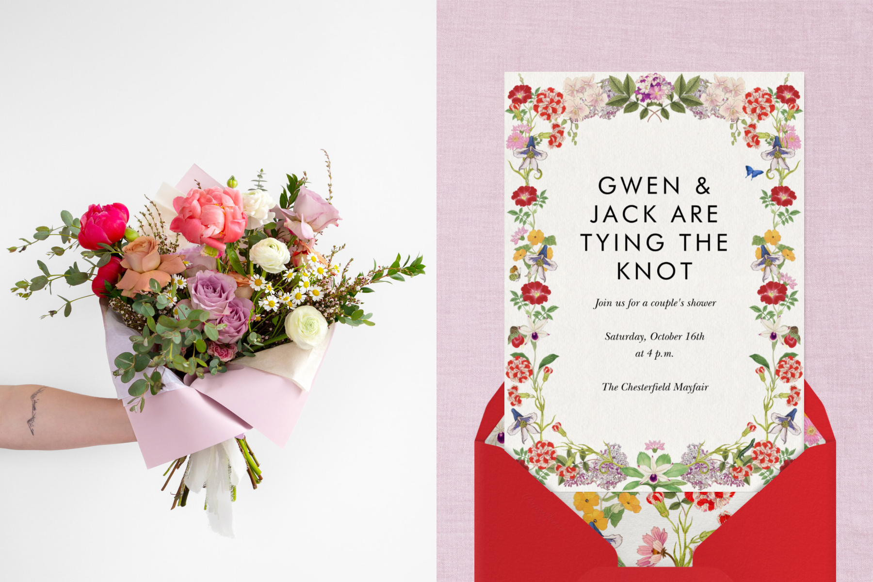 Left: An arm reaches out from the left holding a wrapped bouquet of various colored roses, daisies, and sprigs of green. Right: A couple’s shower invitation with a border of delicate, colorful flowers and a red envelope.