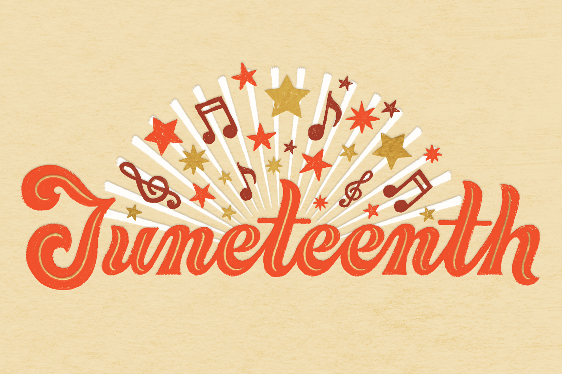 The word Juneteenth written in an Illustrative font with music notes and stars around it.