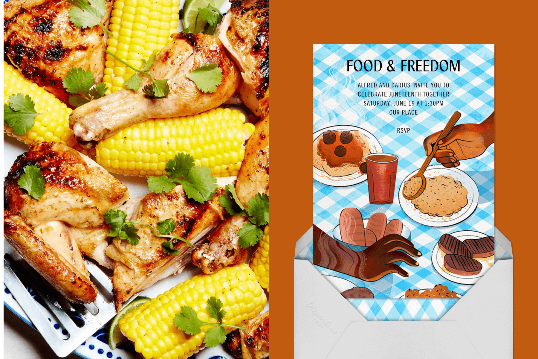 Left: Overhead photo of grilled chicken and corn on the cob; Right: A Juneteenth invitation featuring people serving potluck-style food on a blue gingham tablecloth.