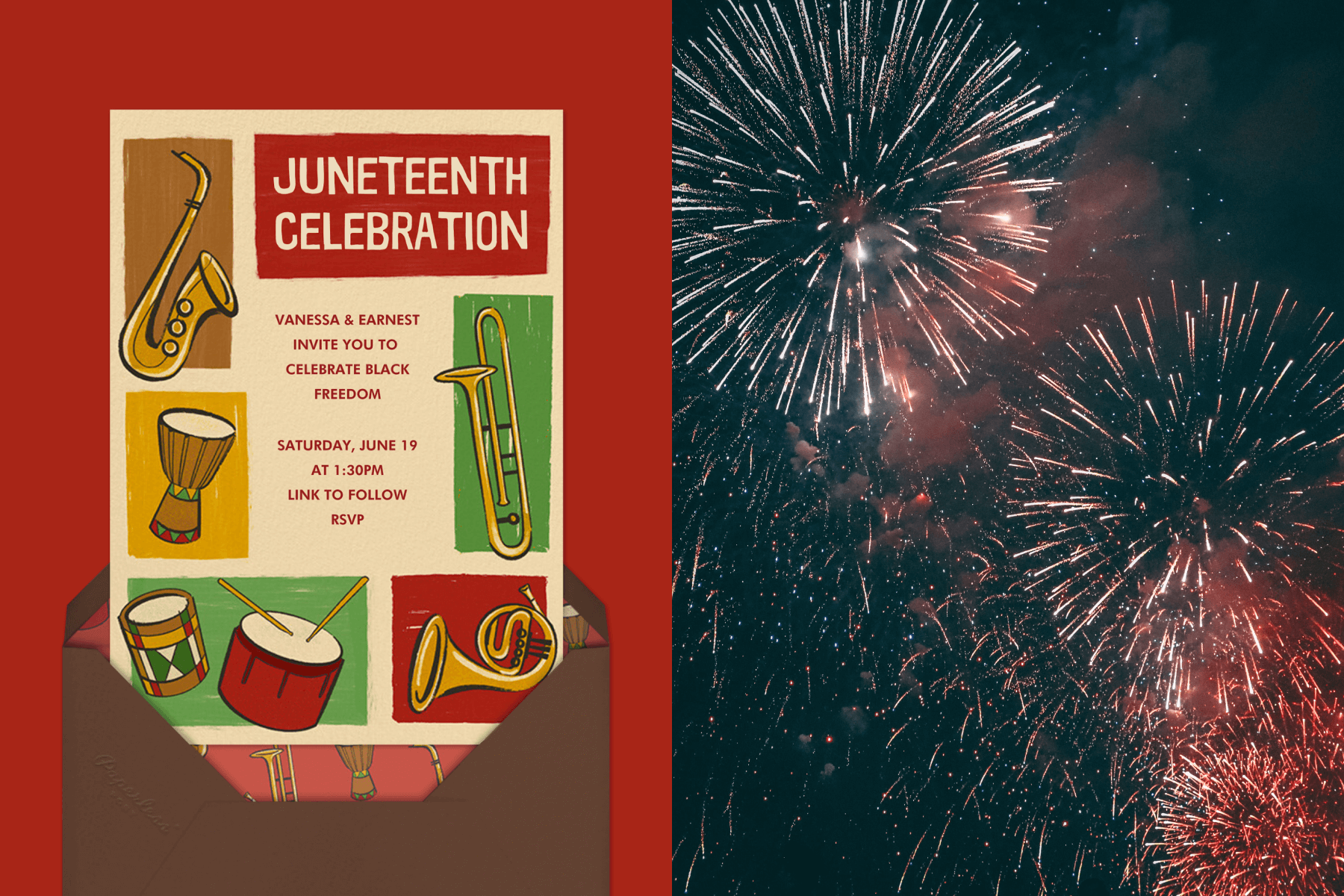Left: A Juneteenth invitation featuring musical instruments; Right: Fireworks at night.