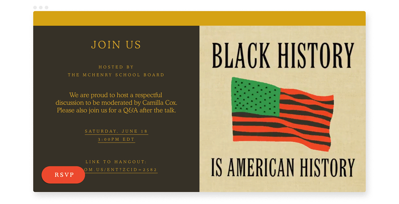 An animated invite featuring a Black Freedom flag and the words “Black history is American history.”