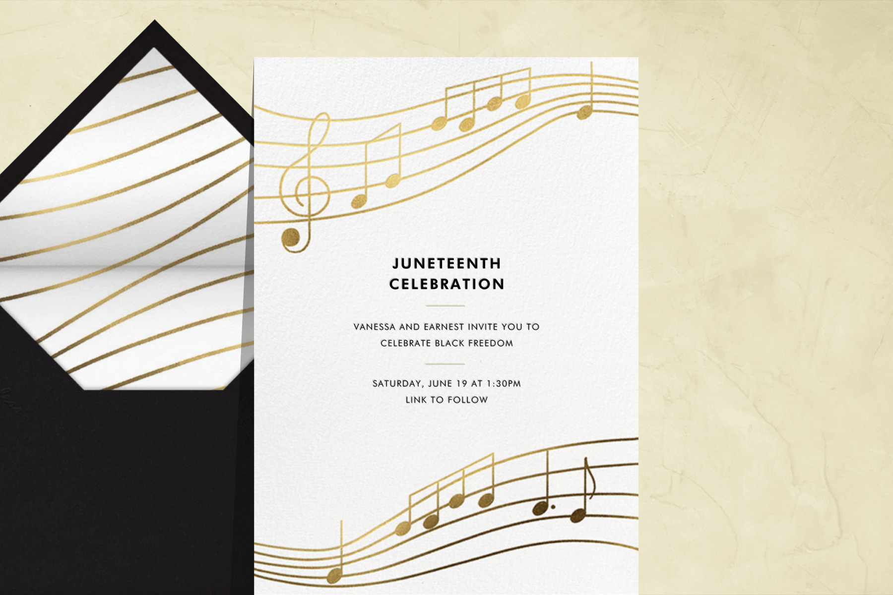 A Juneteenth invitation featuring gold music notes.