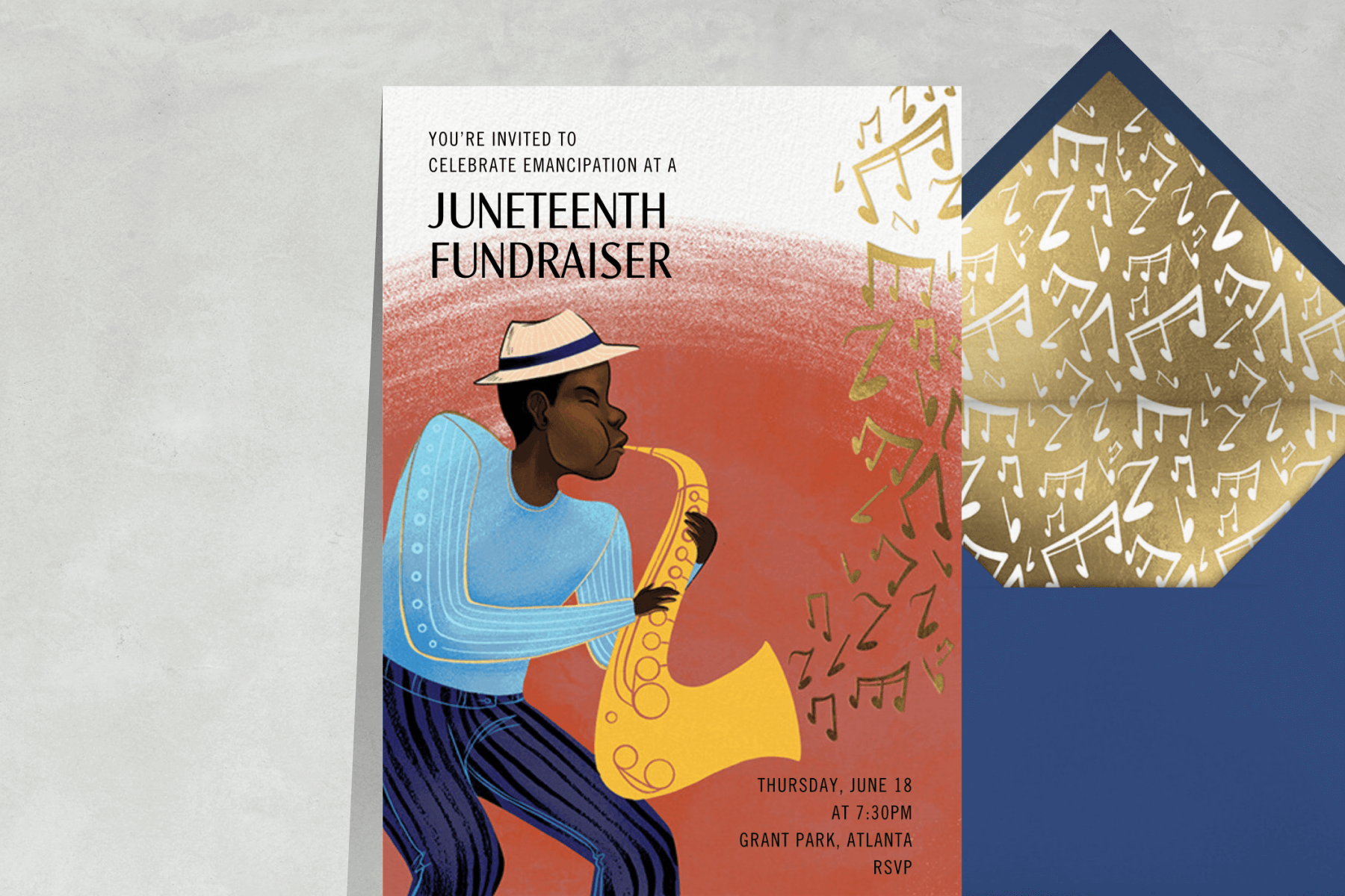 A Juneteenth invitation featuring a musician playing a saxophone with music notes floating out of it.