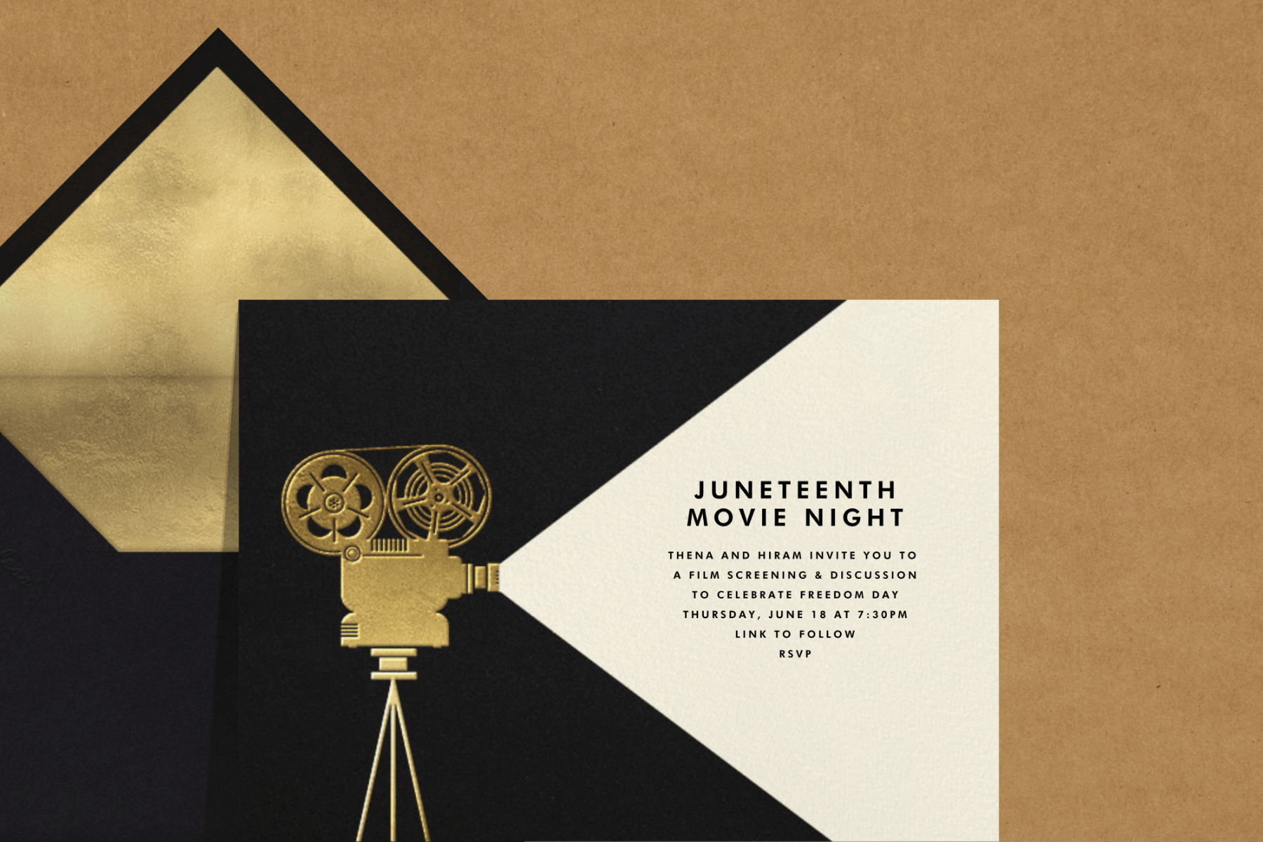 A Juneteenth invitation featuring a gold movie projector on a black background.